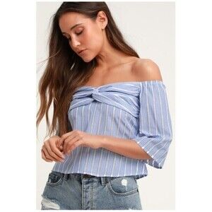 Lulu's Beyond Belief Blue Striped Knot Front Off-The-Shoulder Top Size S